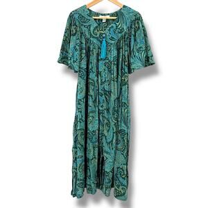 Go Softly Lightweight Crinkle Kaftan Patio Dress Size M Full Zip Paisley Teal